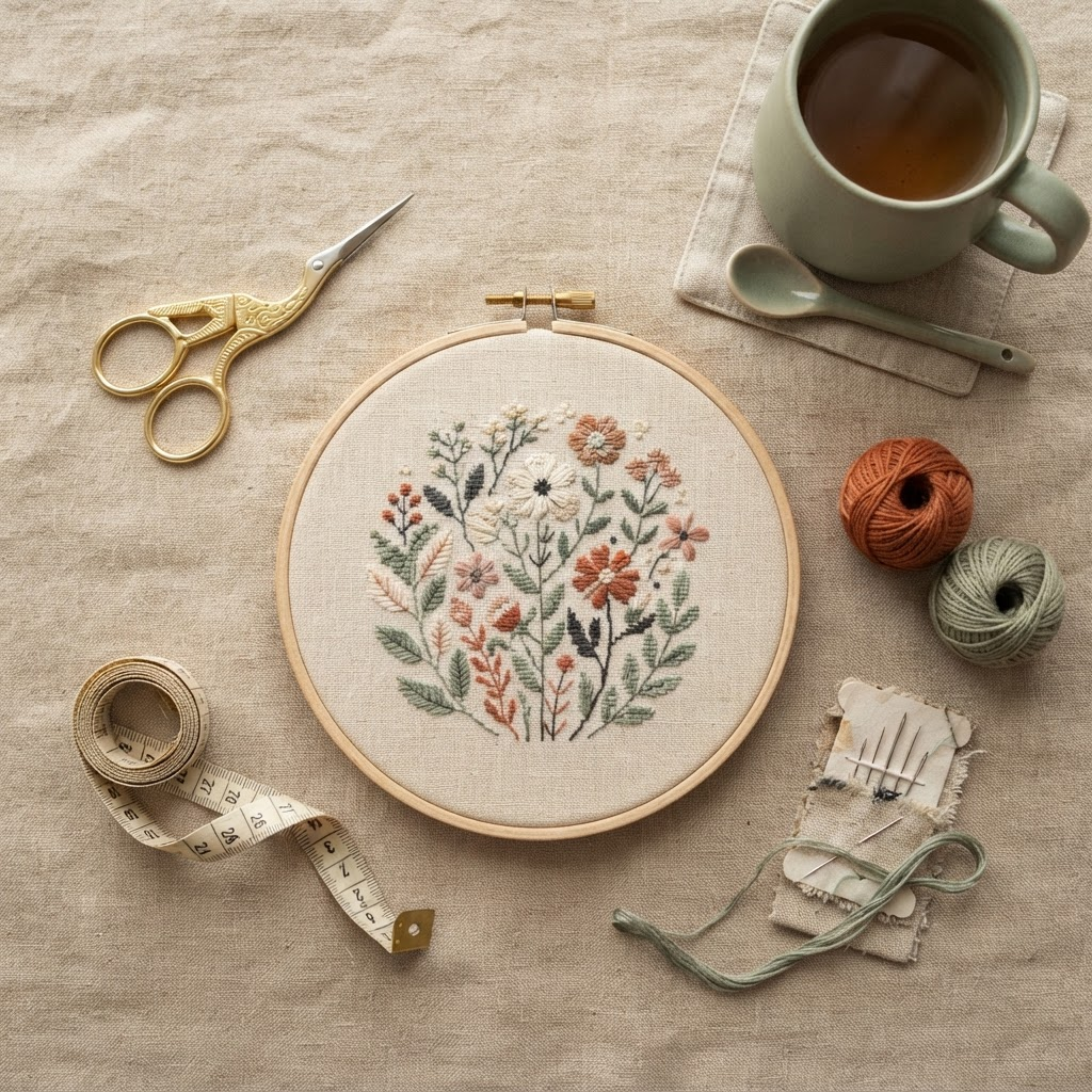 Embroidery hoop with cross stitch, scissors, measuring tape and yarn on linen